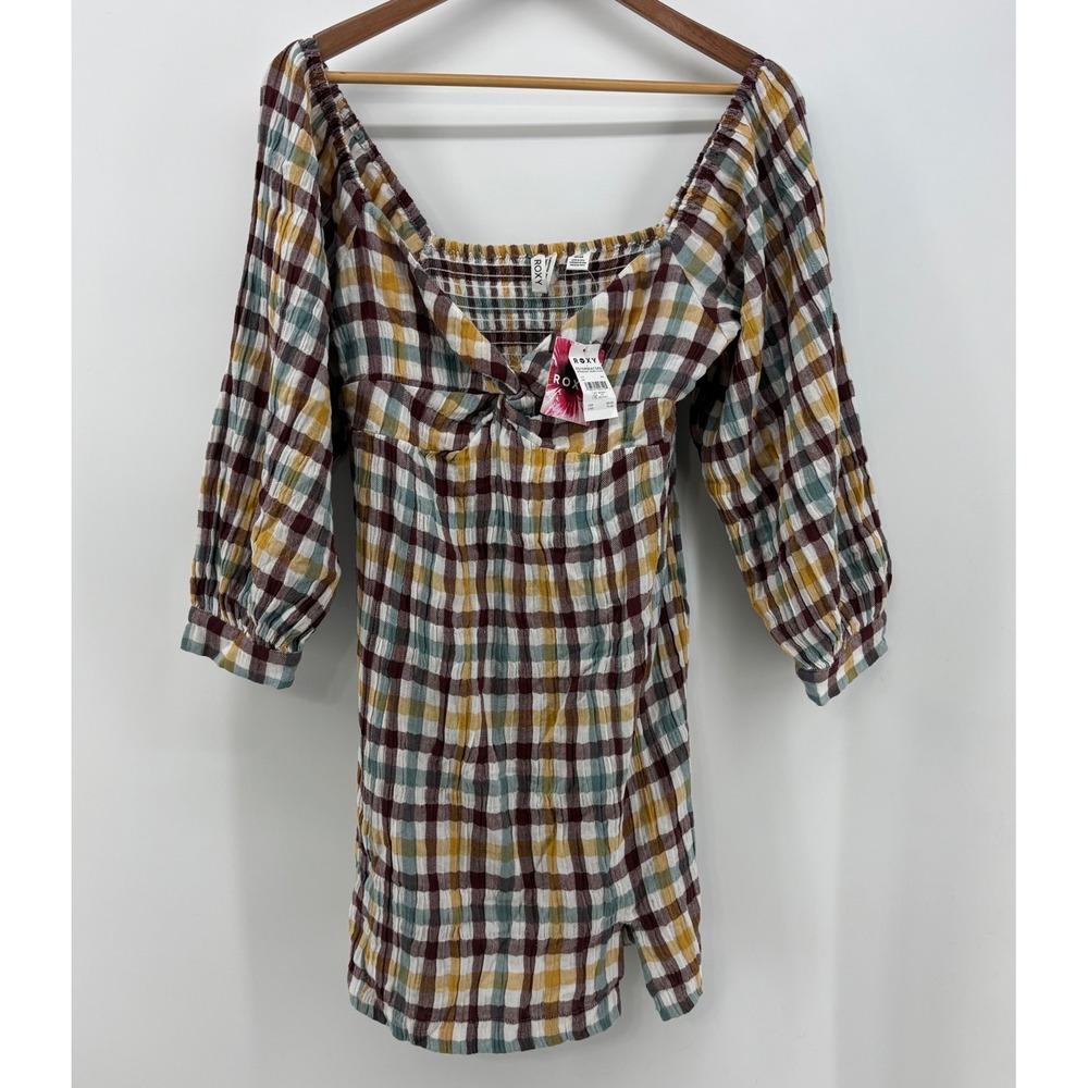Roxy Mini Dress Women Small Peasant Dress Puff Sleeve Moonlight Shores Plaid NWT